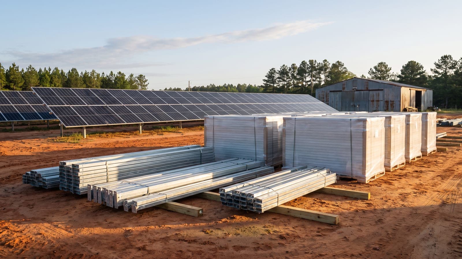 Steel racking and pallets of solar modules staged beside a partly built ground-mounted array on a Georgia industrial site