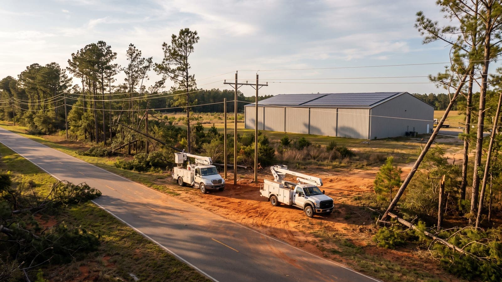 Utility crews' bucket trucks beside repaired power lines along a south Georgia road lined with storm-damaged pines, a warehouse with rooftop solar beyond