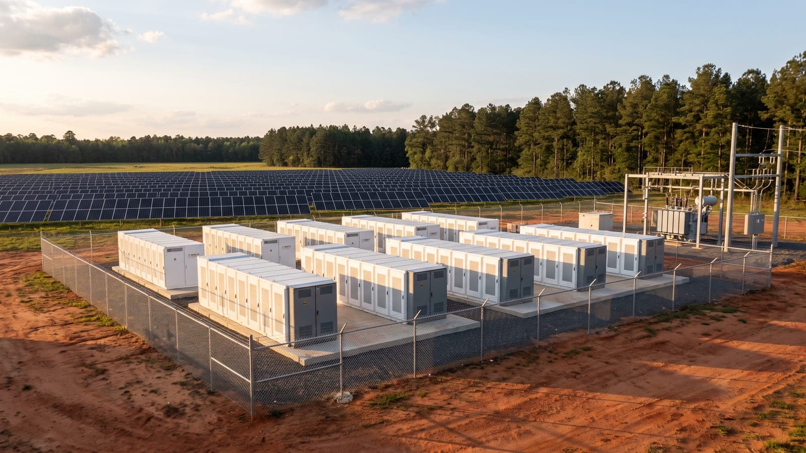 Rows of utility battery enclosures beside a large solar field in middle Georgia, with a substation and pine woods behind