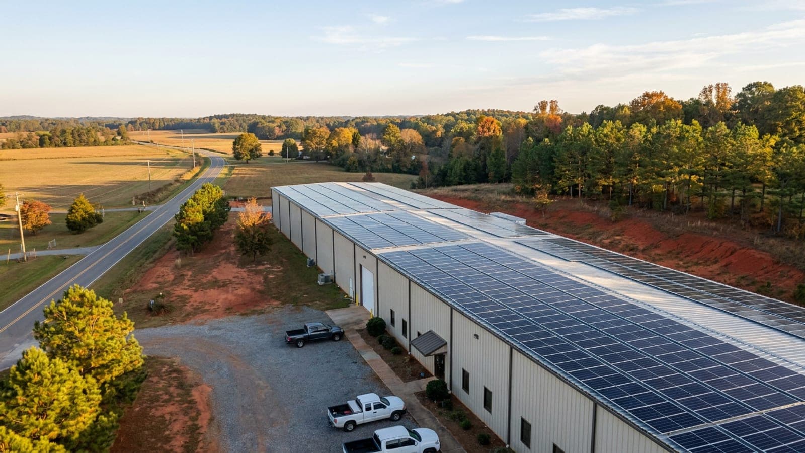Rooftop solar array on a manufacturing building in the North Carolina Piedmont with rolling hills and hardwoods behind it