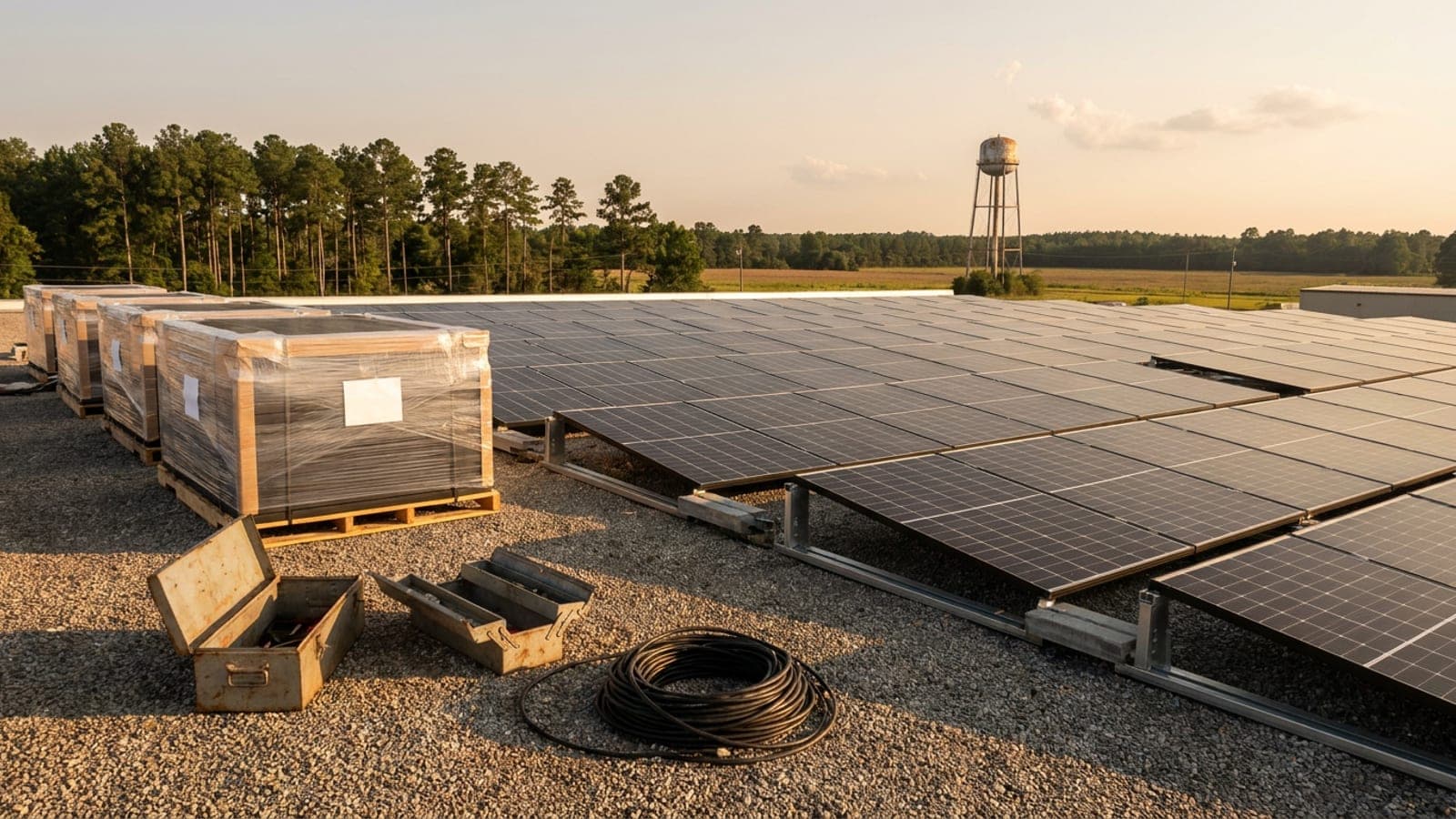Pallets of solar modules with shipping labels stacked beside a partly built rooftop array on a Georgia warehouse