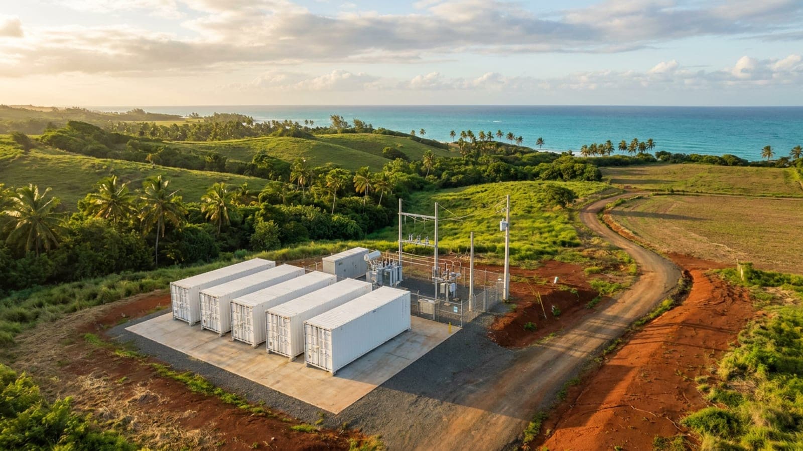 Aerial view of battery storage containers beside a substation on the Puerto Rico coast at dawn, with hills and the sea behind