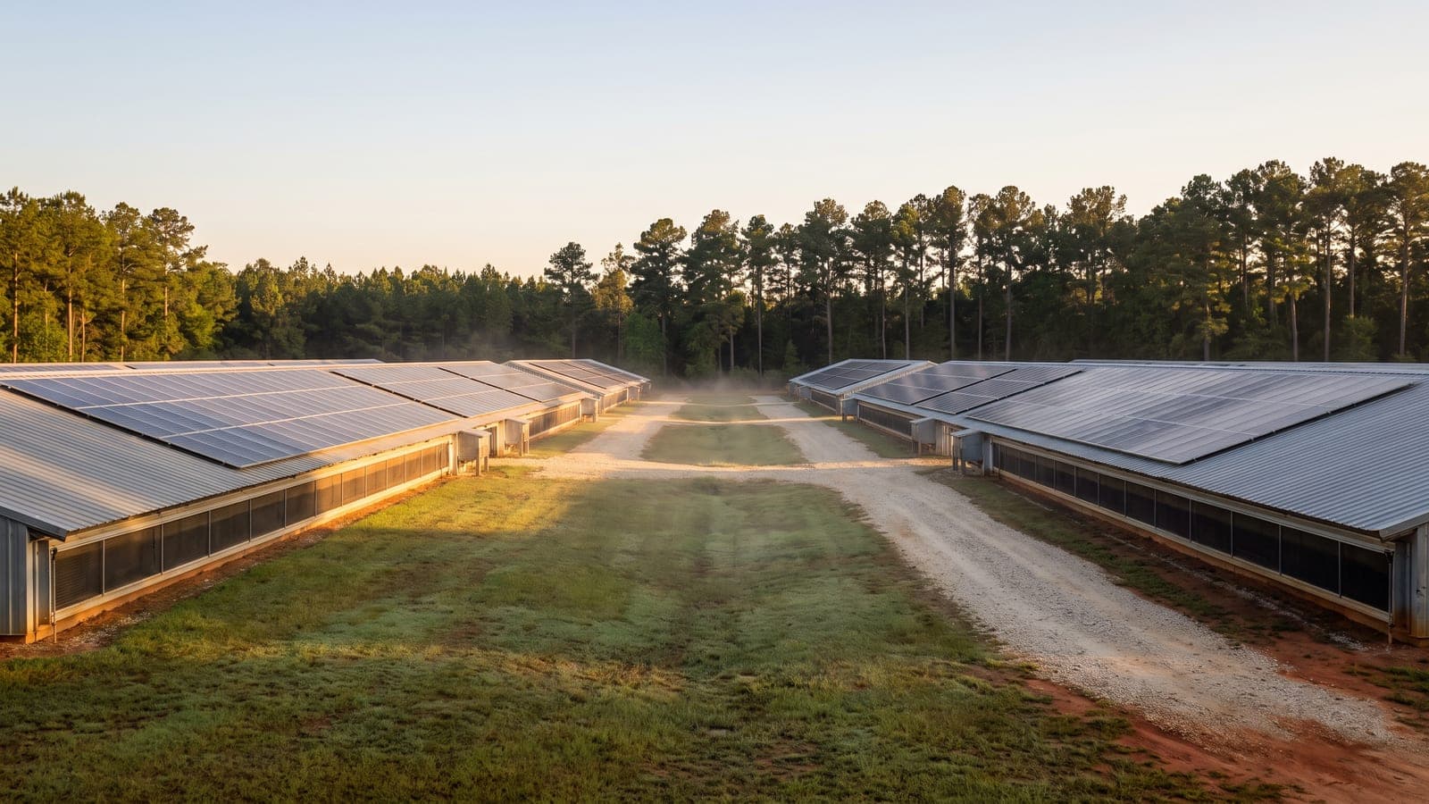 Four long poultry houses with solar panels covering their roofs on a Georgia farm at sunrise, pine treeline behind