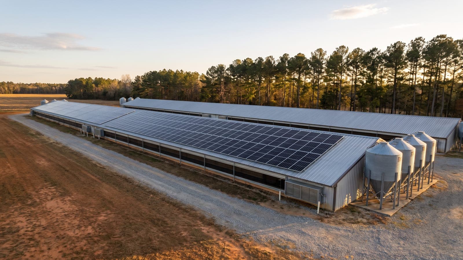 Rooftop solar array covering the length of a poultry house on a south Georgia farm in late afternoon light
