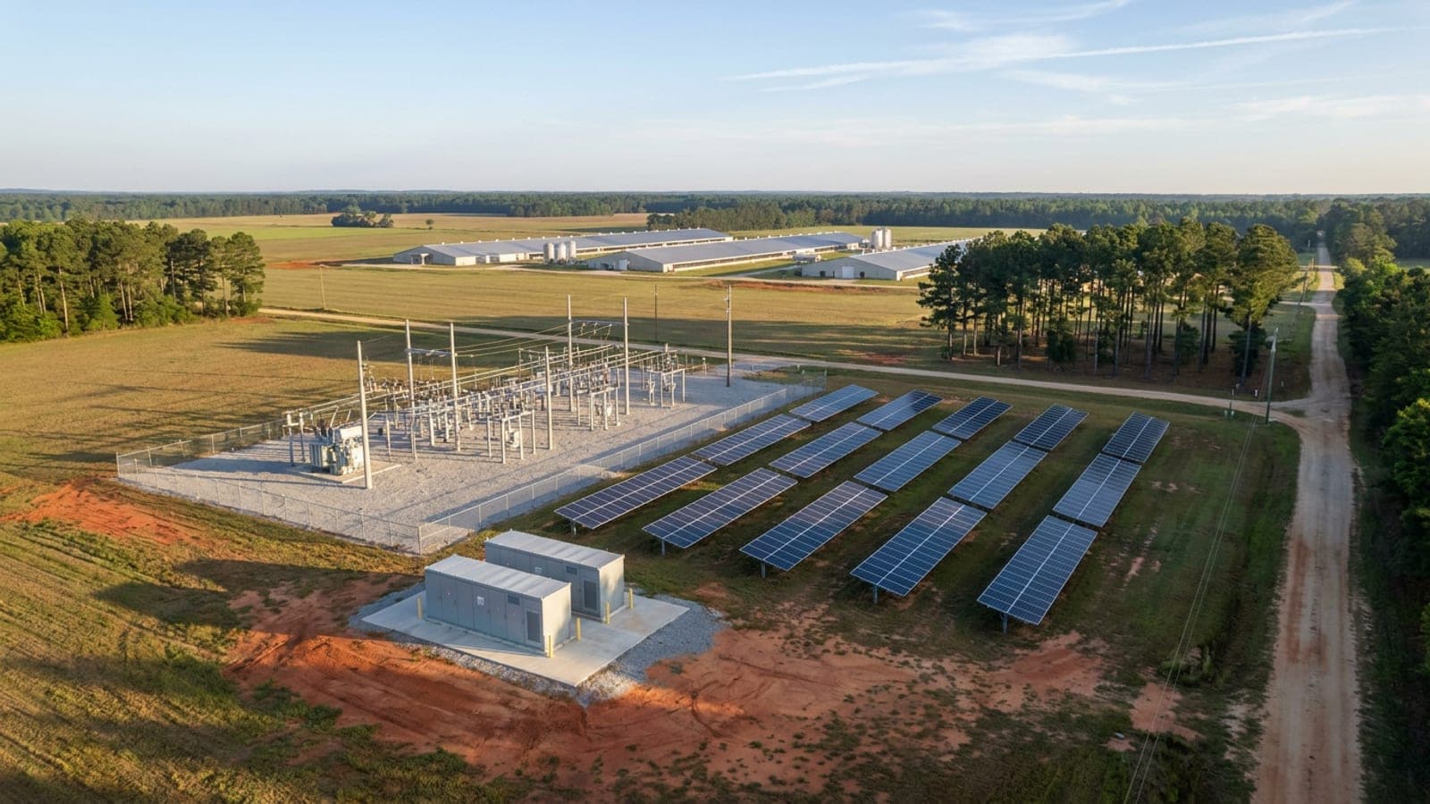 Aerial view of a rural substation beside ground-mounted solar and battery cabinets next to a poultry complex in south Georgia