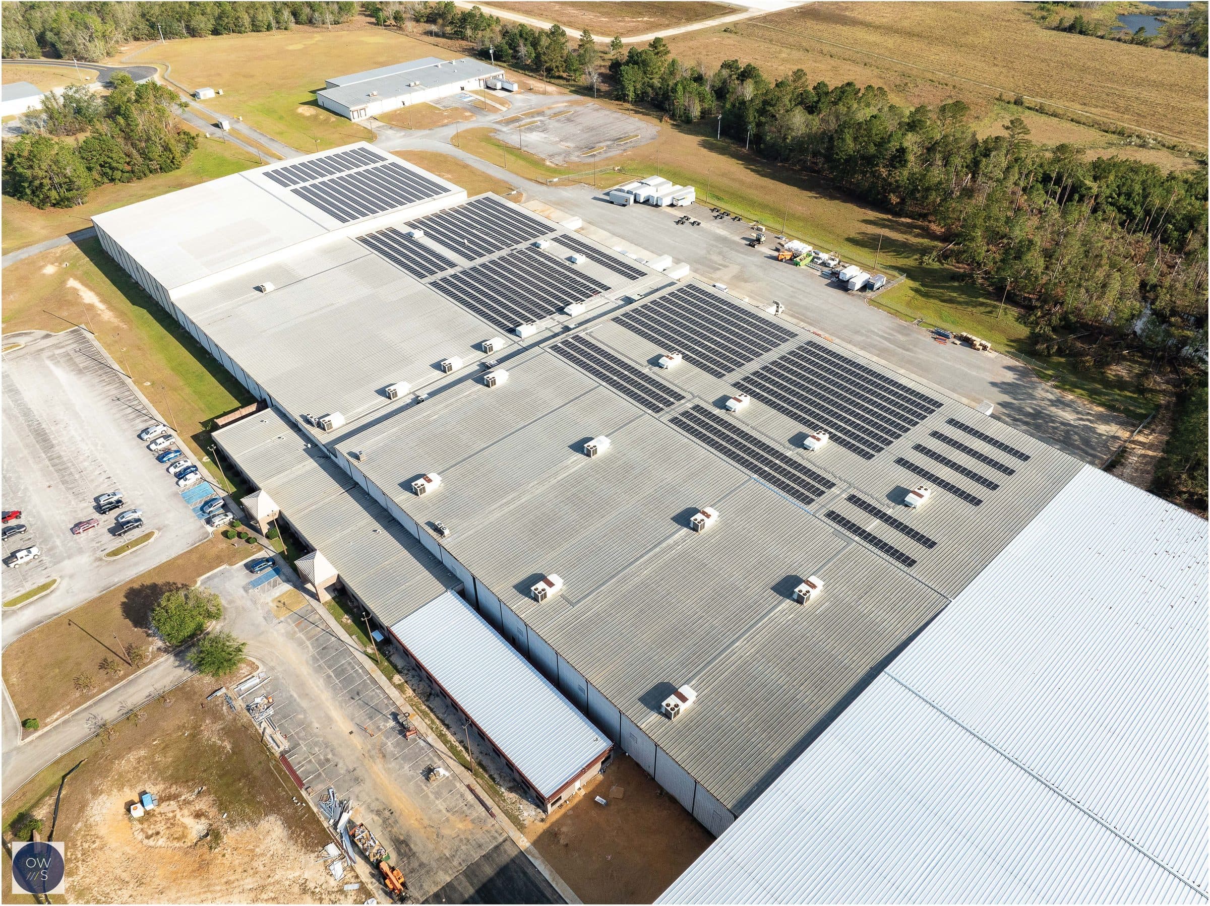 Aerial view of the 1.267 MW rooftop solar array OneWorld Solar installed on the Samsonite and TUMI distribution center in Vidalia, Georgia